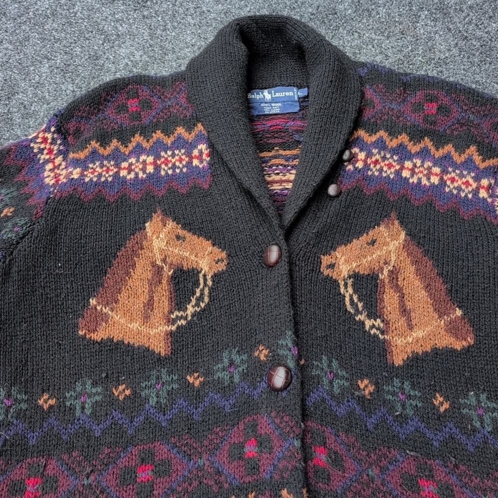 Vtg Ralph Lauren Cardigan Sweater Womens Large Wool Horse Fair Isle Esquestrian - Picture 6 of 8